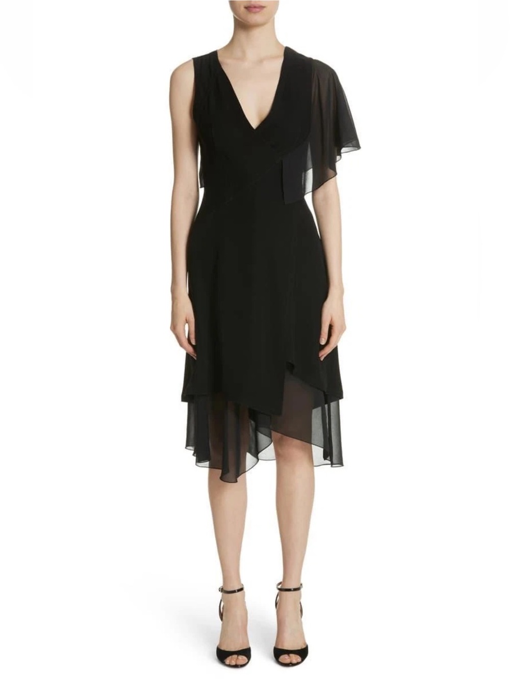 Yigal Azrouël womens Asymmetrical Ruffle Sleeve midi Dress V-Neck Black Sz. 8